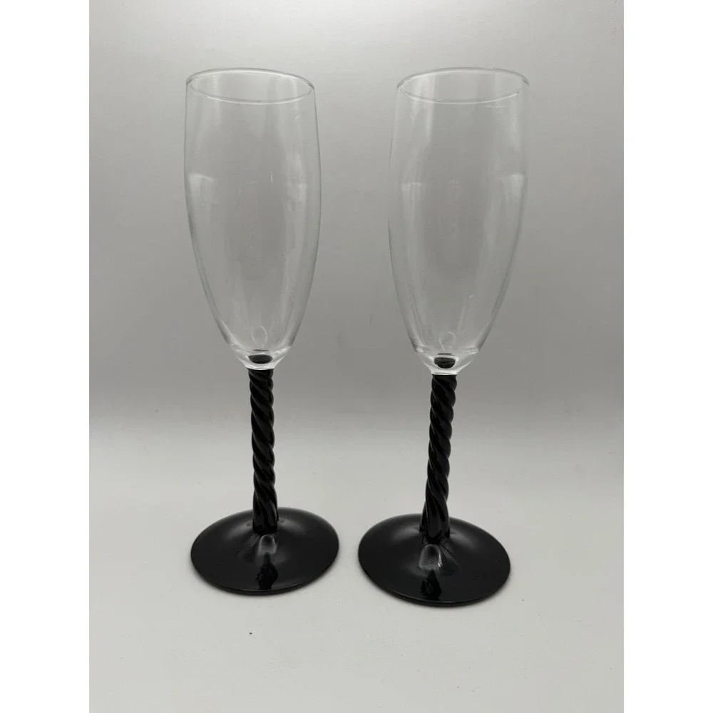 Luminarc Champagne Flutes Set of 2 Black Twisted Stem Clear Glass 8